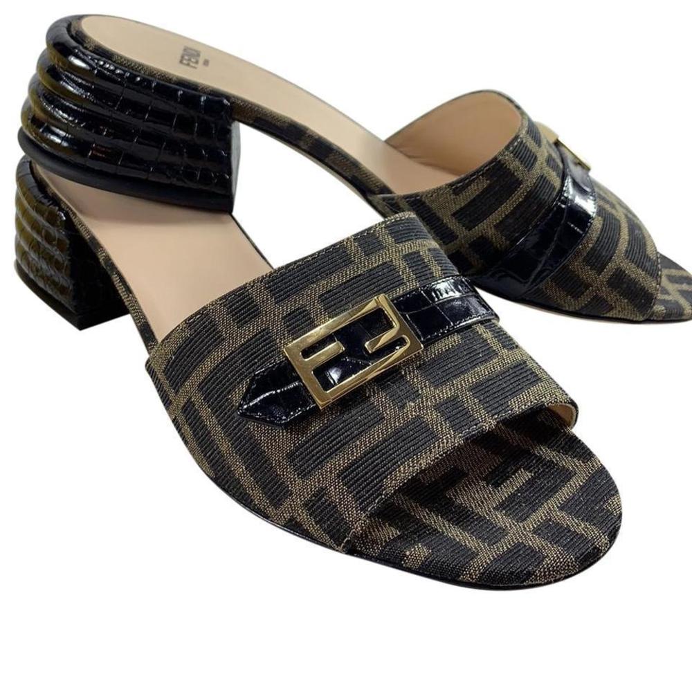 tess Slides Tobacco Brown Classic Fendi Logo Buckle Heels Mules D776